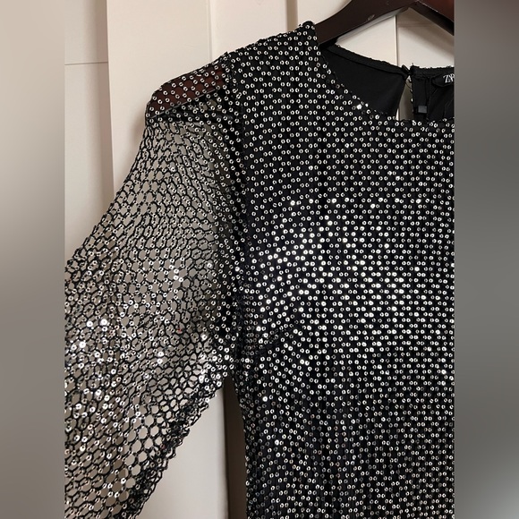 Zara Black Mesh Silver Sequins see through long sleeve maxi dress M - Picture 4 of 8